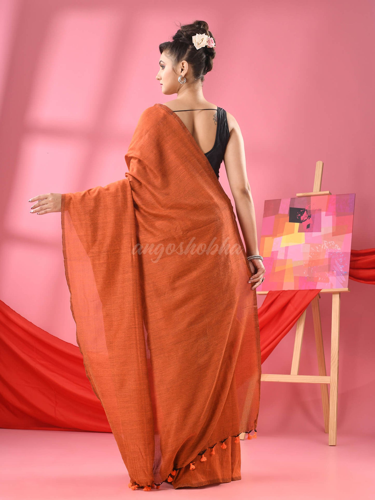 Orange Cotton Molmol Handloom Saree