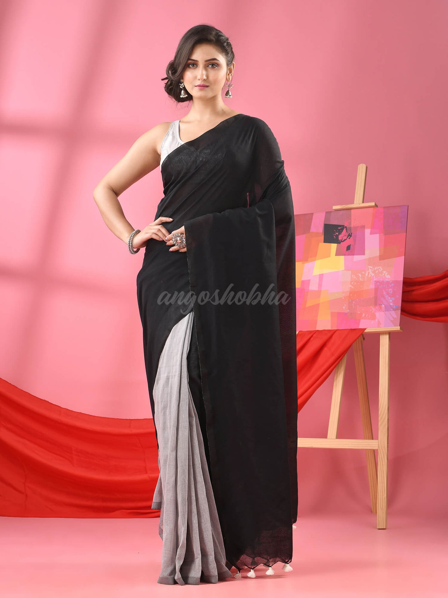 Black & Silver Cotton Molmol Handloom Saree