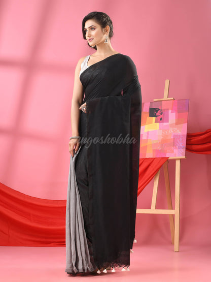 Black & Silver Cotton Molmol Handloom Saree