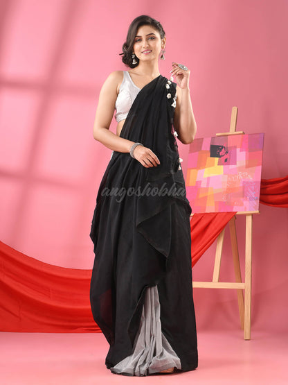 Black & Silver Cotton Molmol Handloom Saree