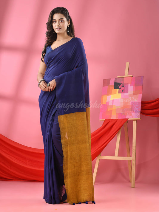 Blue Cotton Molmol Handloom Saree