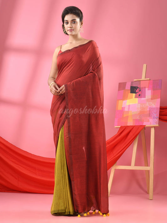 Red & Butter Yellow Cotton Molmol Handloom Saree