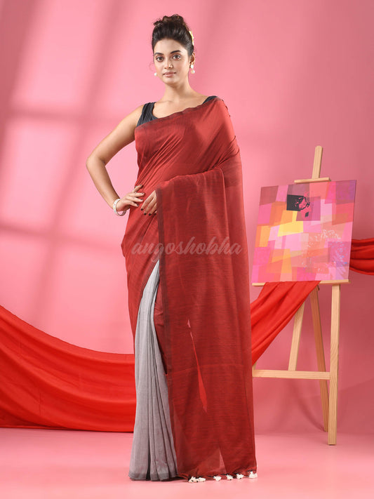 Red & Silver Cotton Molmol Handloom Saree