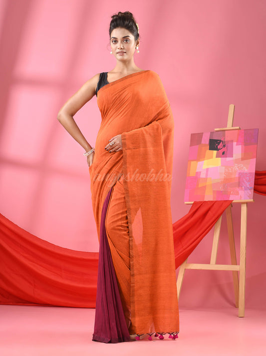 Orange & Magenta Cotton Molmol Handloom Saree