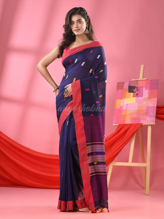 Navy Blue Cotton All Body Kantha Stitch Buti Handloom Saree