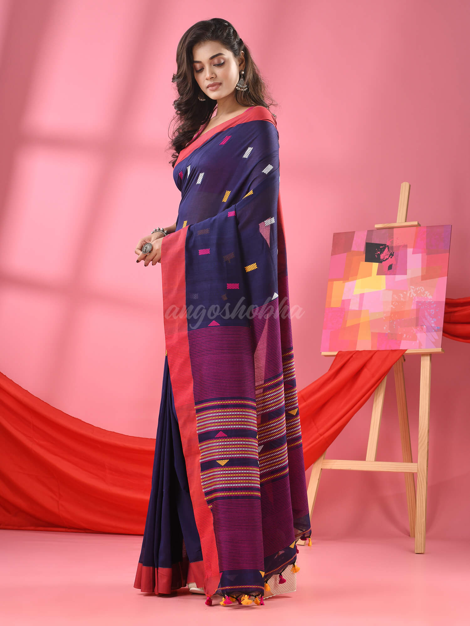 Navy Blue Cotton All Body Kantha Stitch Buti Handloom Saree