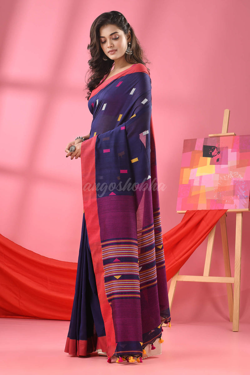 Navy Blue Cotton All Body Kantha Stitch Buti Handloom Saree
