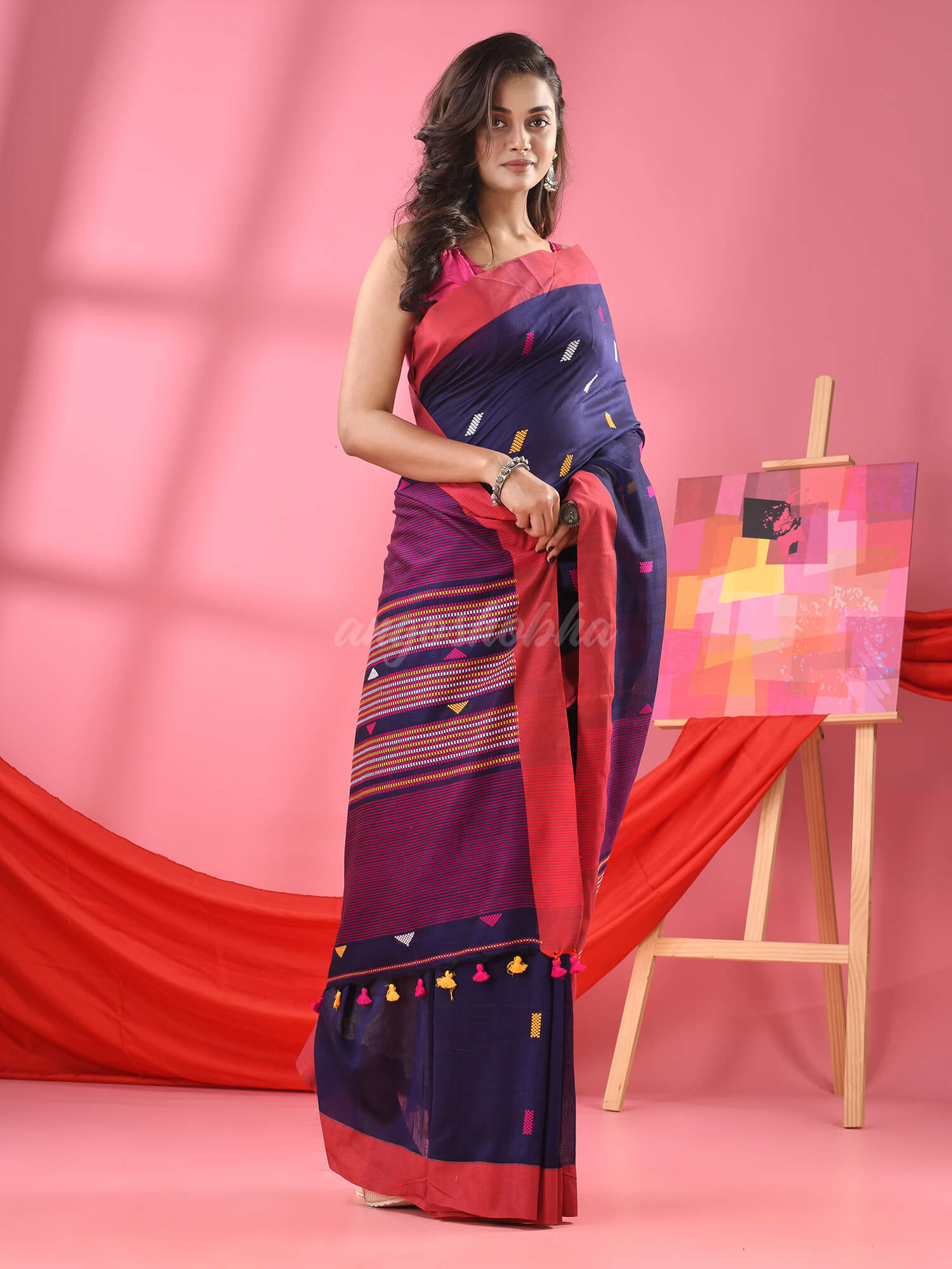 Navy Blue Cotton All Body Kantha Stitch Buti Handloom Saree