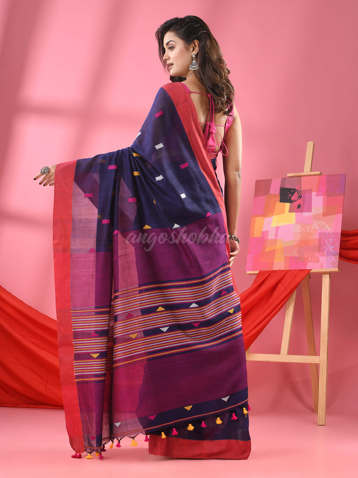 Navy Blue Cotton All Body Kantha Stitch Buti Handloom Saree