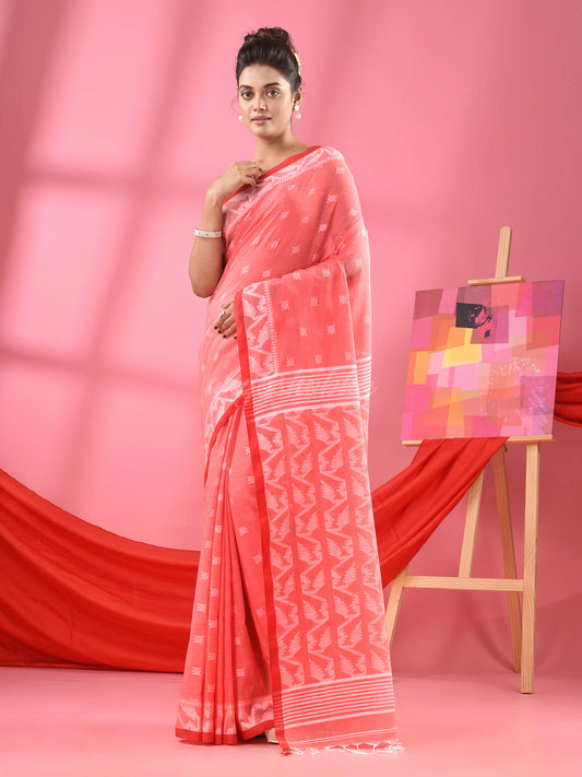 Dark Peach Cotton Jacquard Handloom Saree