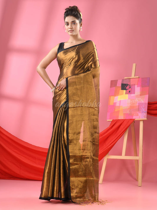 Copper Zari Cotton Handloom Tissue Saree