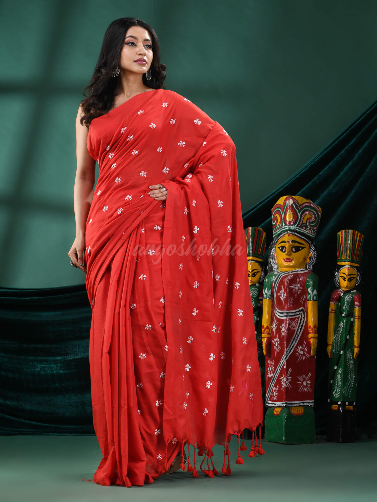 Red Cotton Blend Handloom Saree