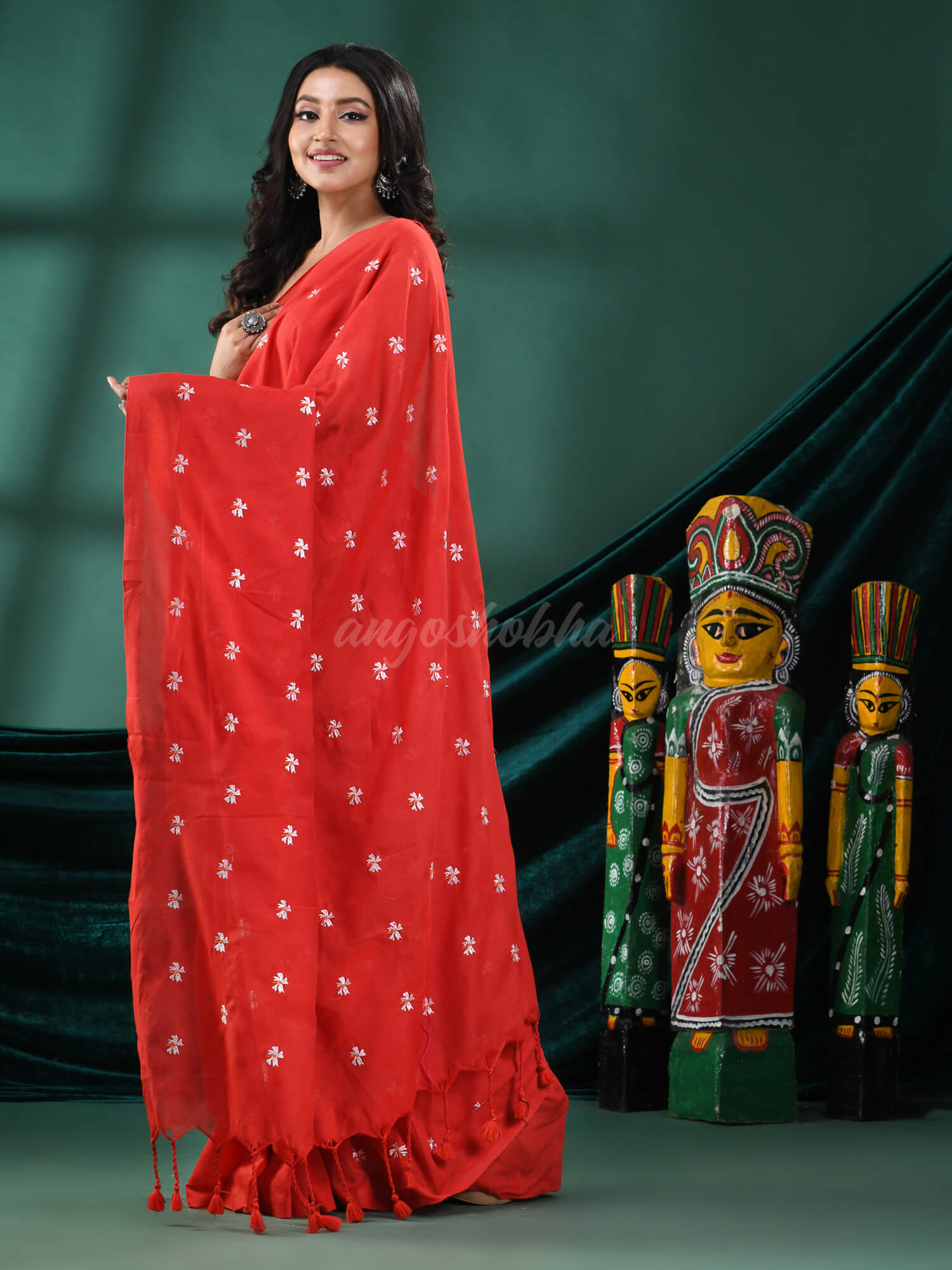 Red Cotton Blend Handloom Saree