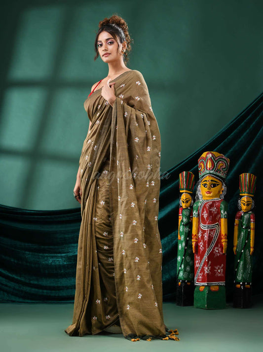 Beige Cotton Blend Handloom Saree