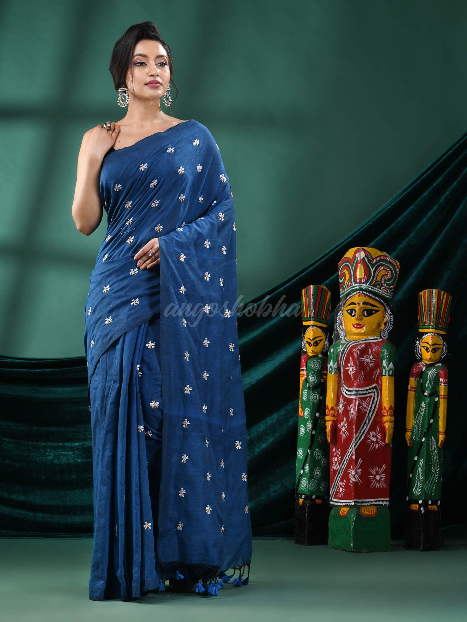 Turquoise Cotton Blend Handloom Saree