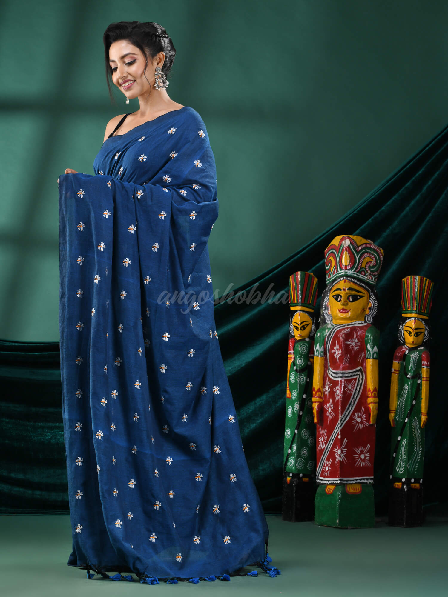 Turquoise Cotton Blend Handloom Saree