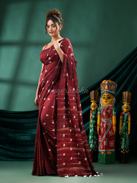 Maroon Cotton Blend Handloom Saree