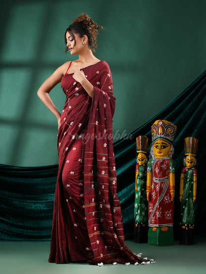 Maroon Cotton Blend Handloom Saree