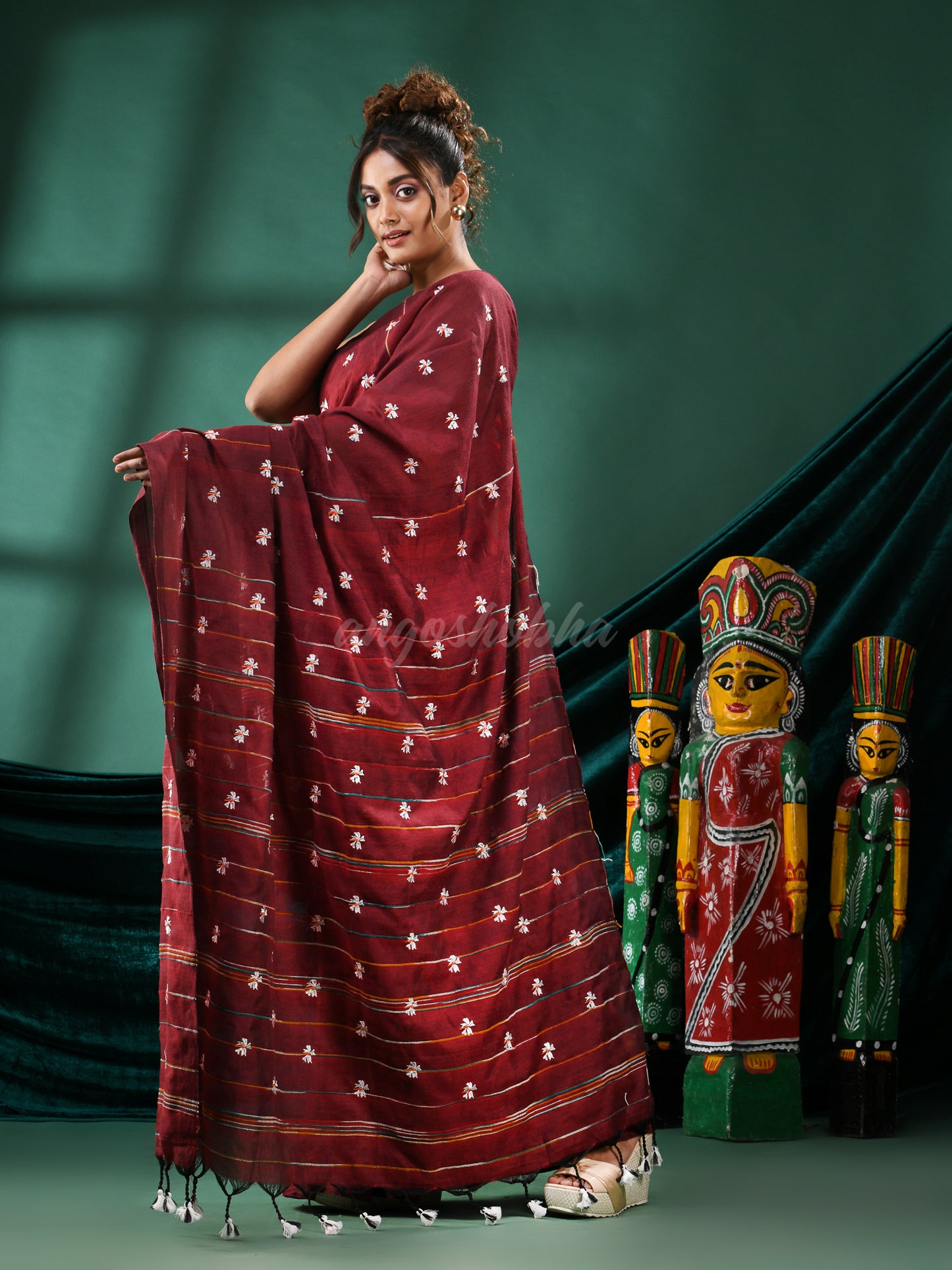 Maroon Cotton Blend Handloom Saree