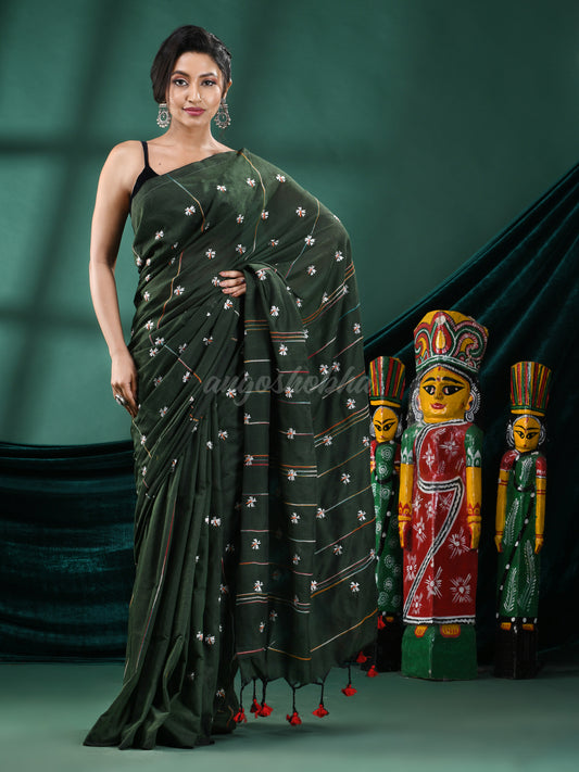 Bottle Green Cotton Blend Handloom Saree