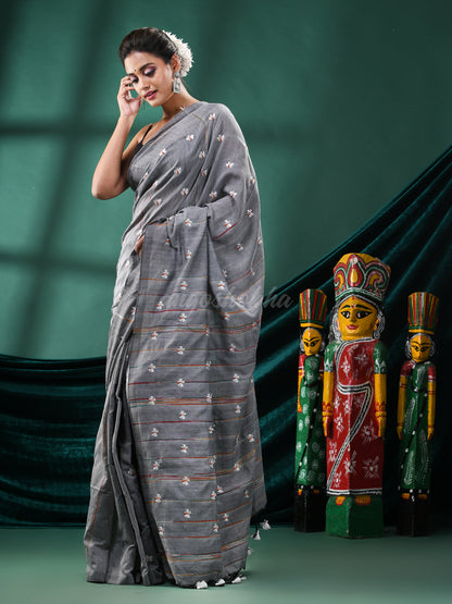 Grey Cotton Blend Handloom Saree