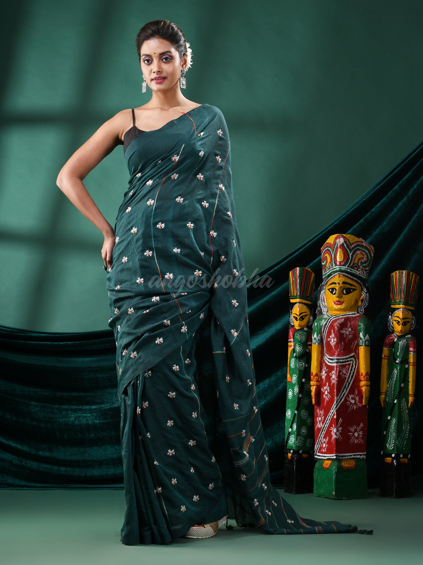 Rama Green Cotton Blend Handloom Saree