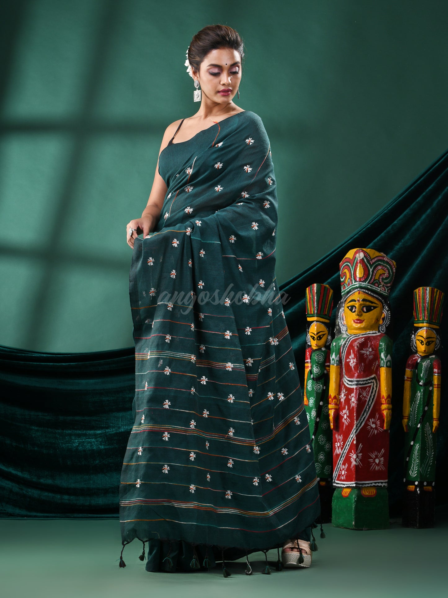 Rama Green Cotton Blend Handloom Saree