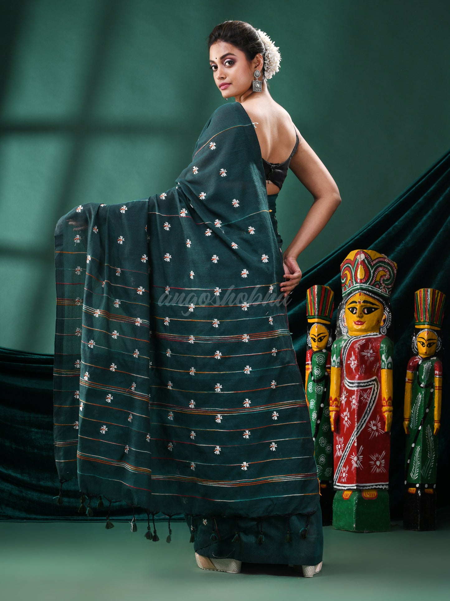 Rama Green Cotton Blend Handloom Saree