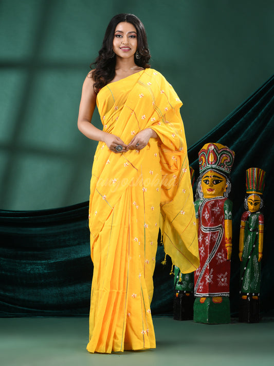 Yellow Cotton Blend Handloom Saree