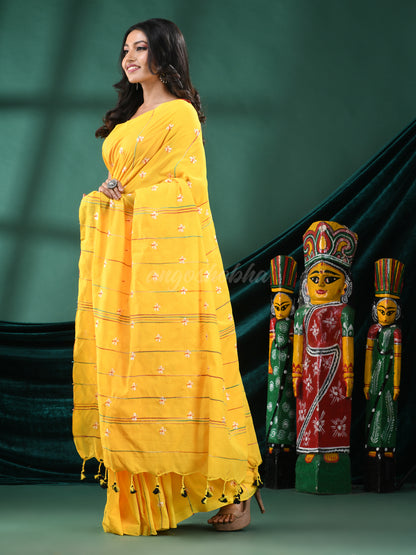 Yellow Cotton Blend Handloom Saree