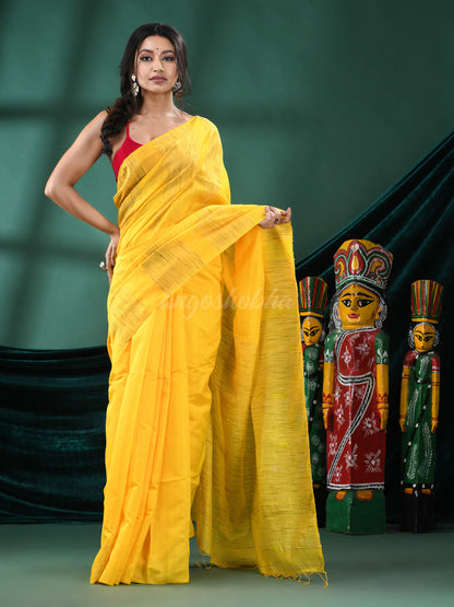 Yellow Cotton Blend Handloom Saree