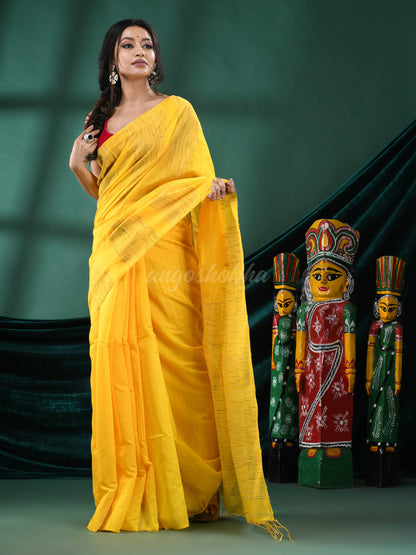 Yellow Cotton Blend Handloom Saree