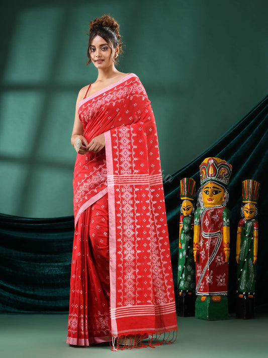 Red Cotton Blend Handloom Saree