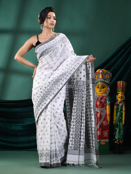 White Cotton Blend Handloom Saree