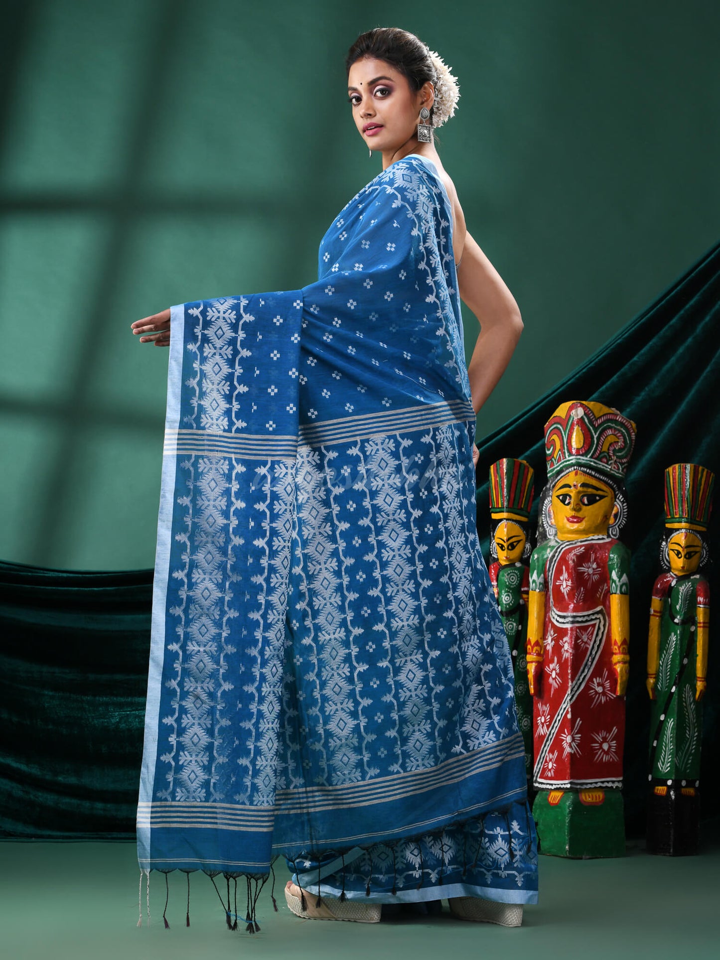 Teal Cotton Blend Handloom Saree