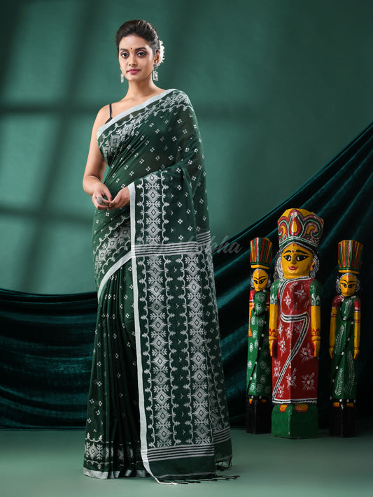 Bottle Green Cotton Blend Handloom Saree