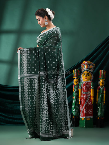 Bottle Green Cotton Blend Handloom Saree