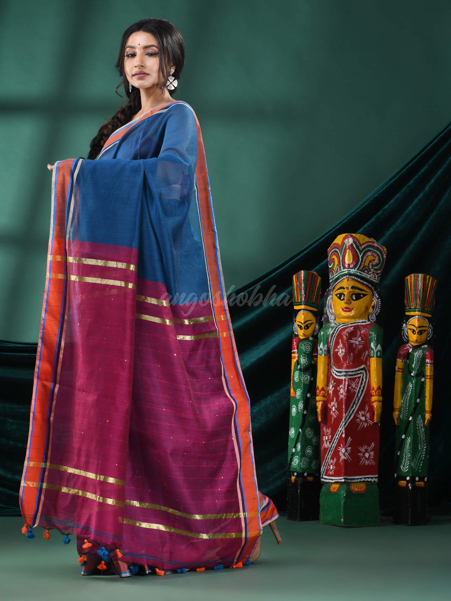 Tuequoise Cotton Blend Handloom Saree