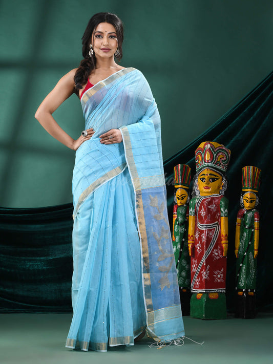 Sky Blue Cotton Blend Handloom Saree