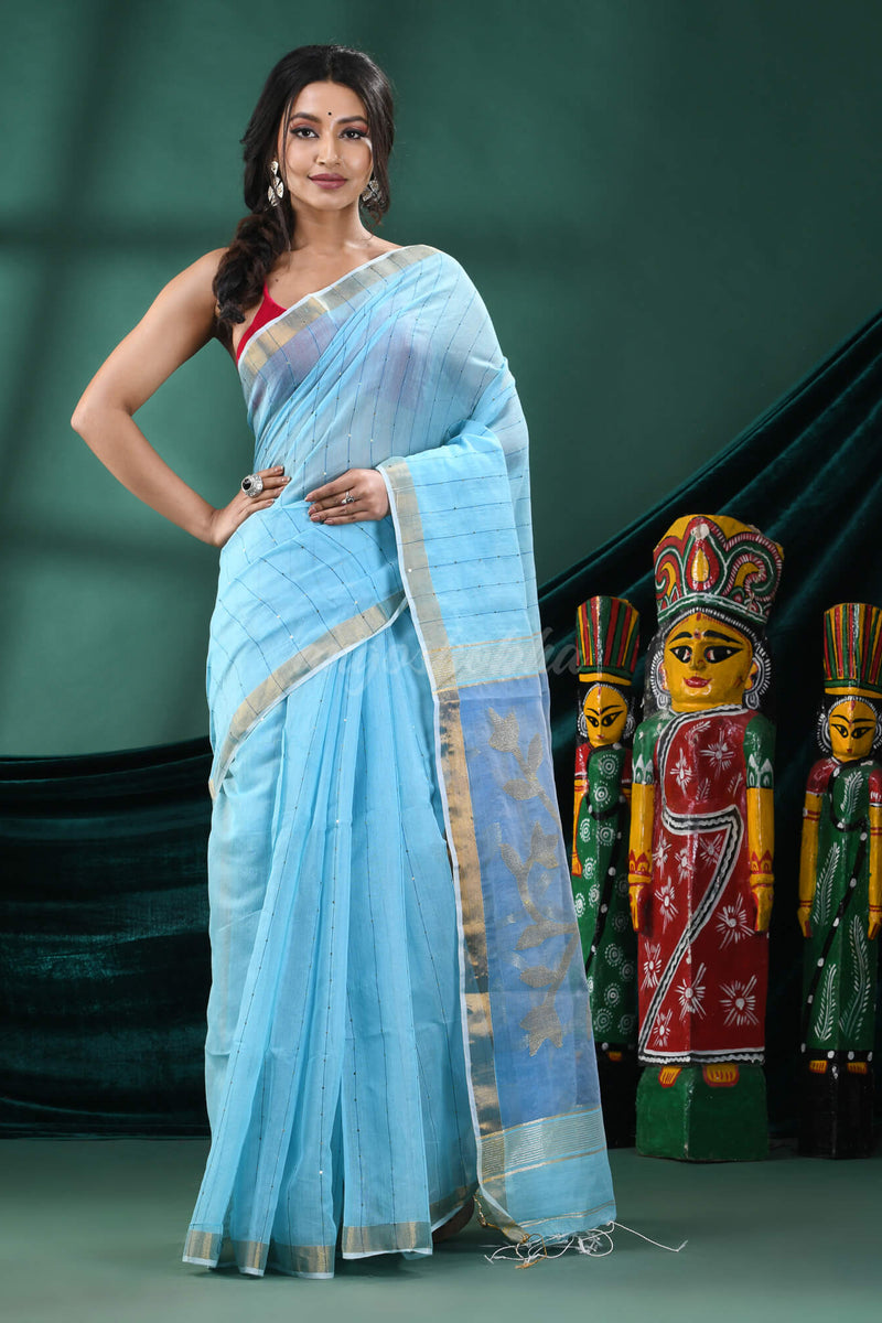 Sky Blue Cotton Blend Handloom Saree