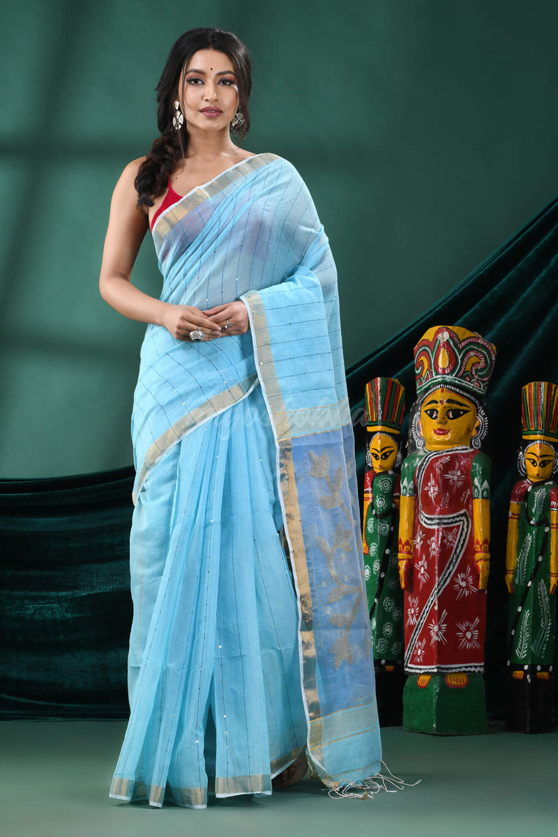 Sky Blue Cotton Blend Handloom Saree