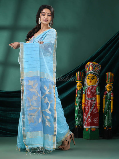 Sky Blue Cotton Blend Handloom Saree