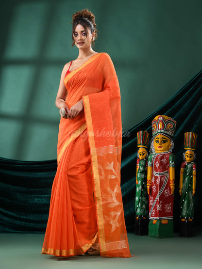 Orange Cotton Blend Handloom Saree