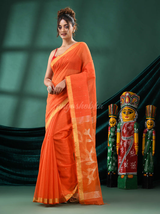 Orange Cotton Blend Handloom Saree