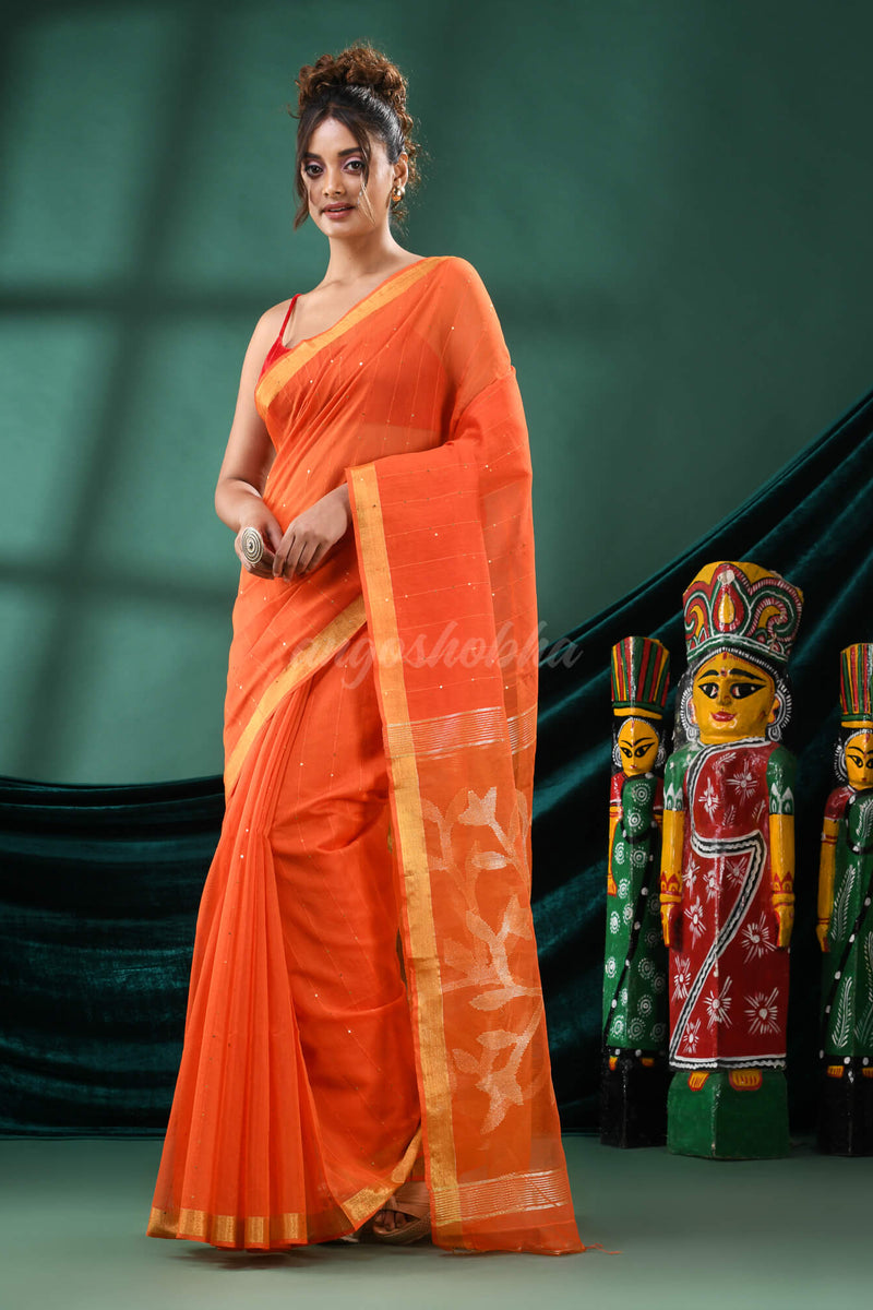 Orange Cotton Blend Handloom Saree