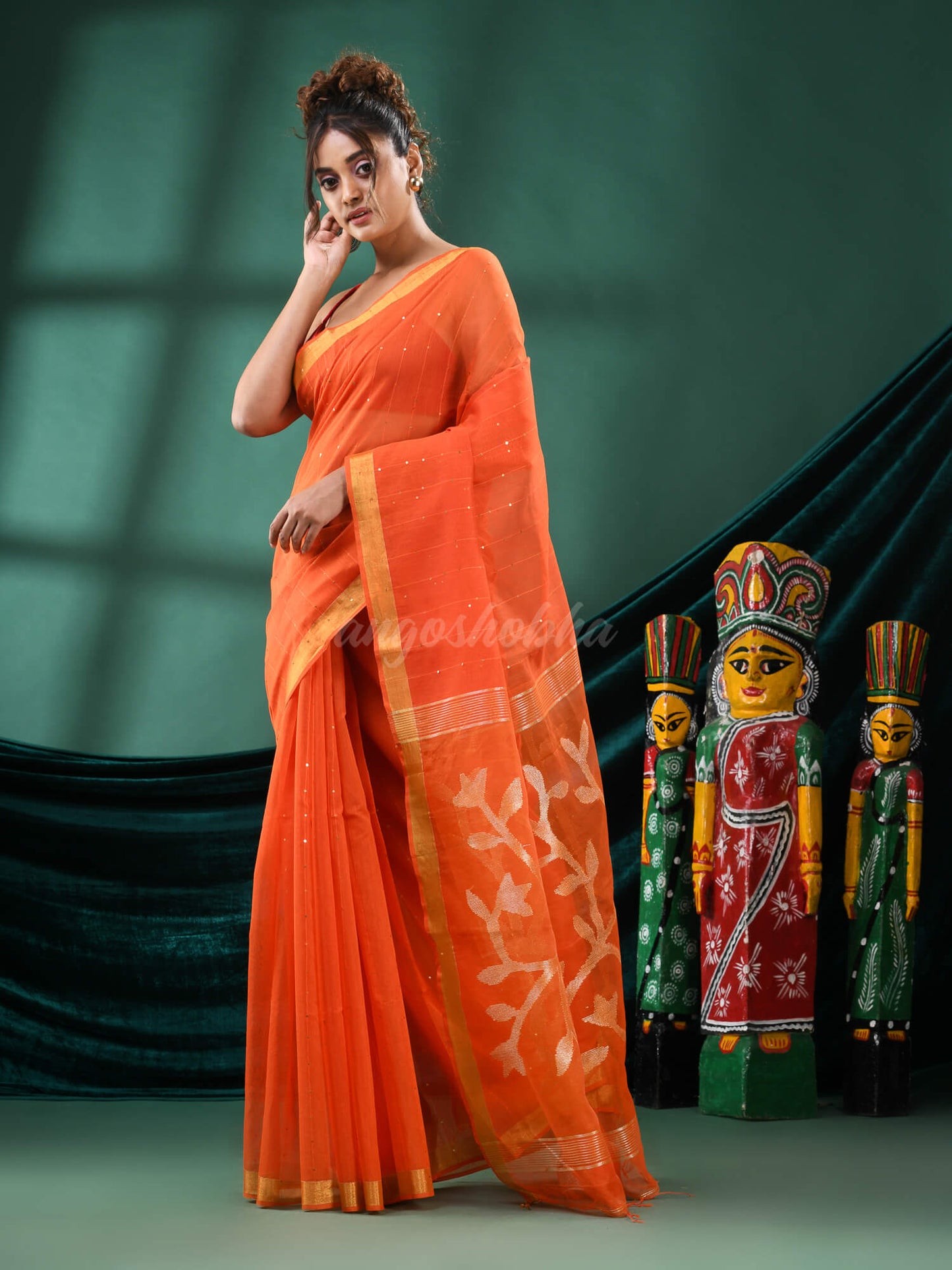 Orange Cotton Blend Handloom Saree