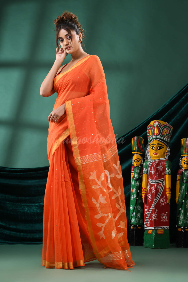 Orange Cotton Blend Handloom Saree