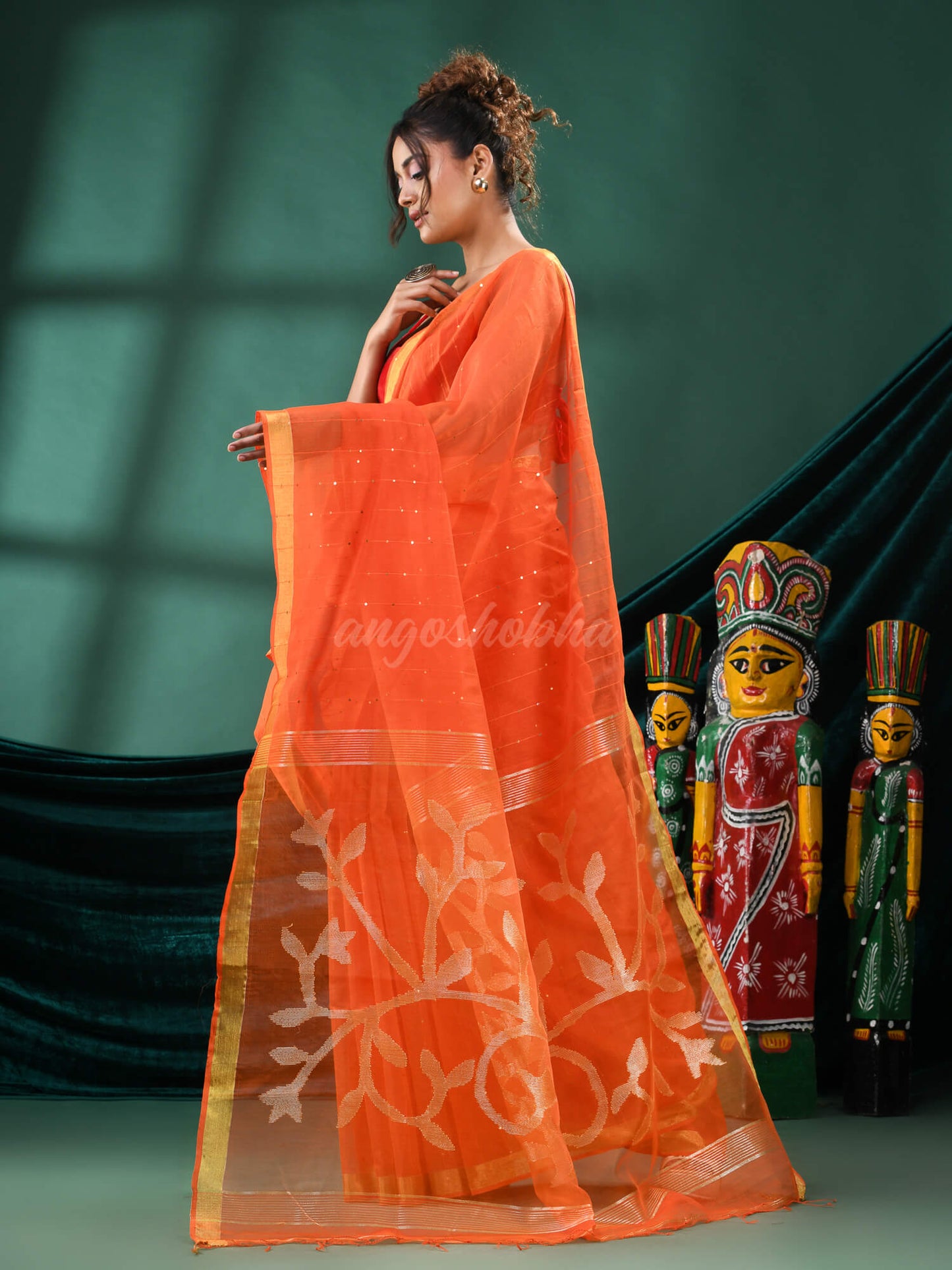 Orange Cotton Blend Handloom Saree