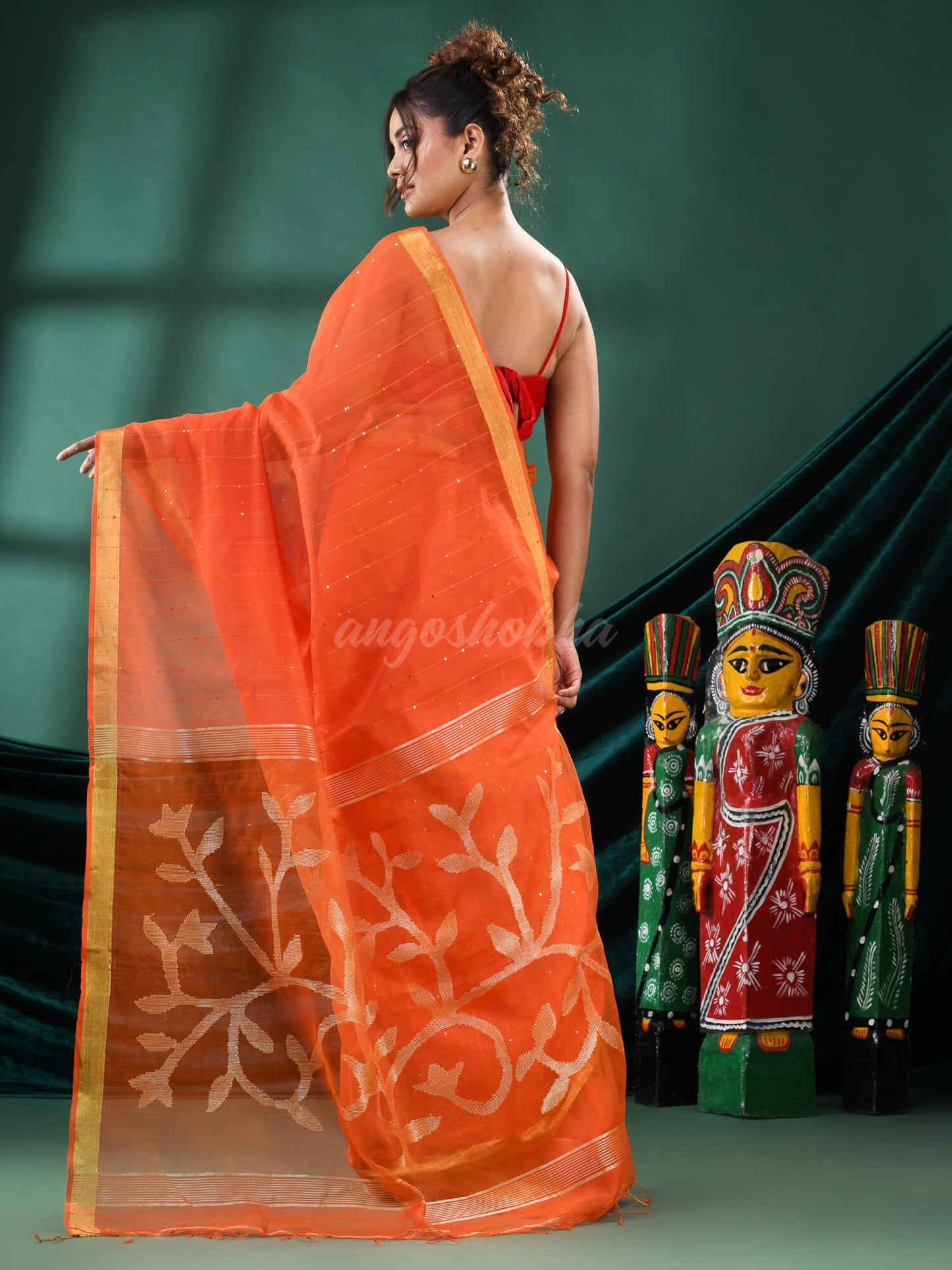 Orange Cotton Blend Handloom Saree