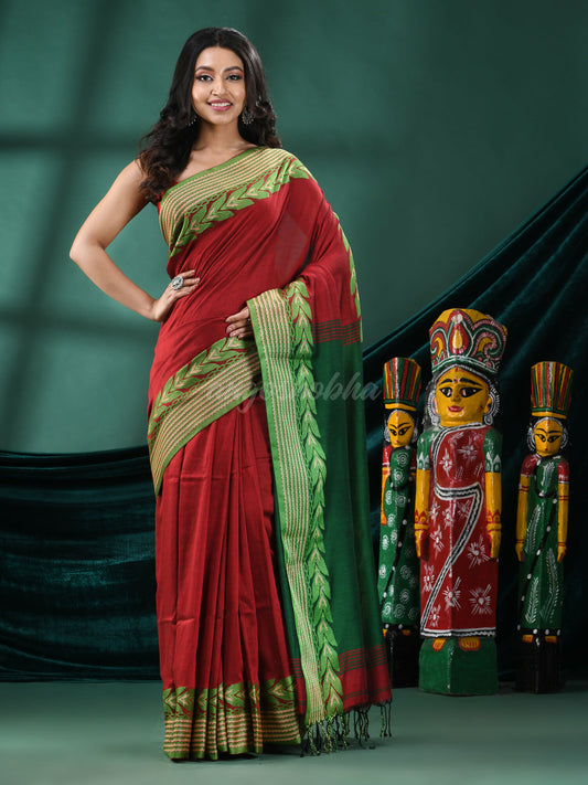 Maroon Cotton Blend Handloom Saree